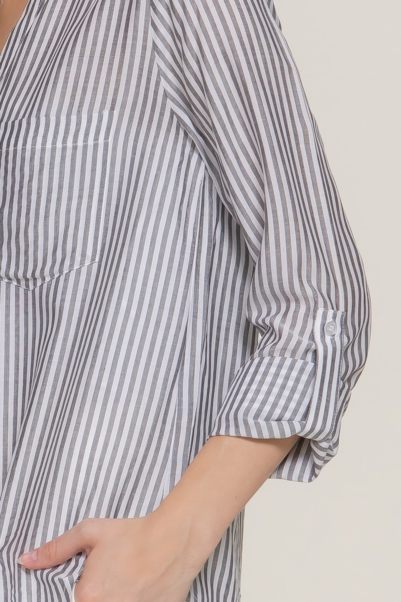 Womens Long Sleeve Shirt Split Round Neck Button Down Pocket Striped Woven Shirt