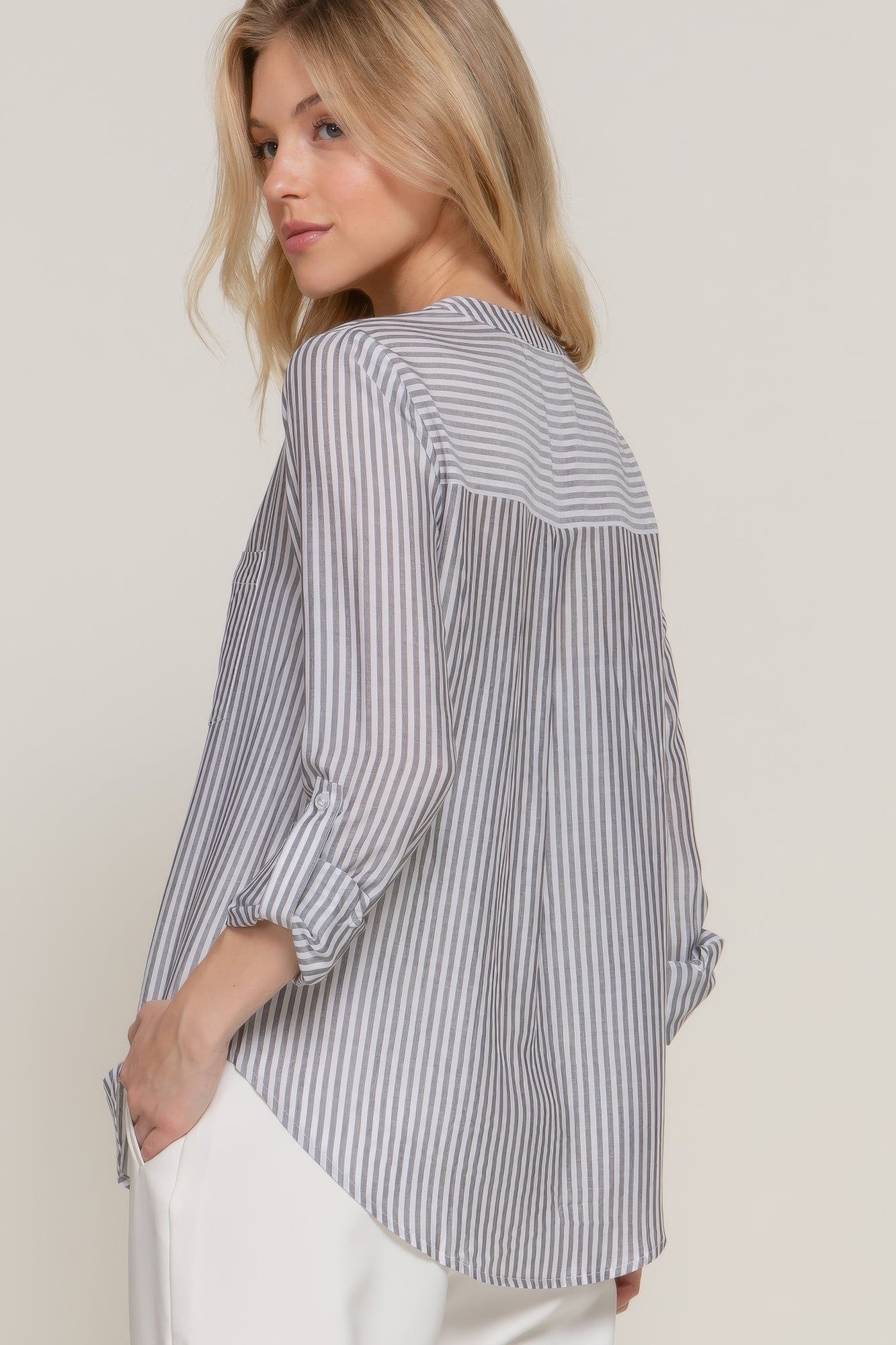 Womens Long Sleeve Shirt Split Round Neck Button Down Pocket Striped Woven Shirt