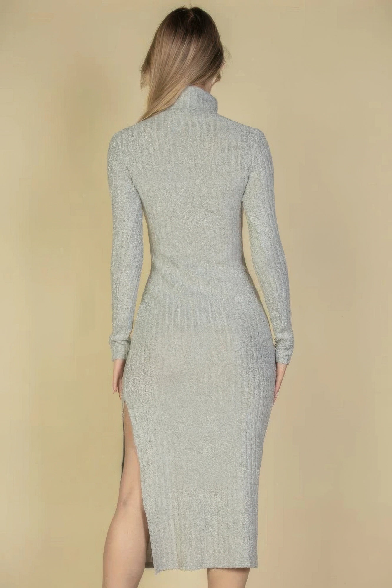 Womens Turtle Neck Sweater Knit Fuzzy Dress Split Thigh Bodycon Stretchy Dress