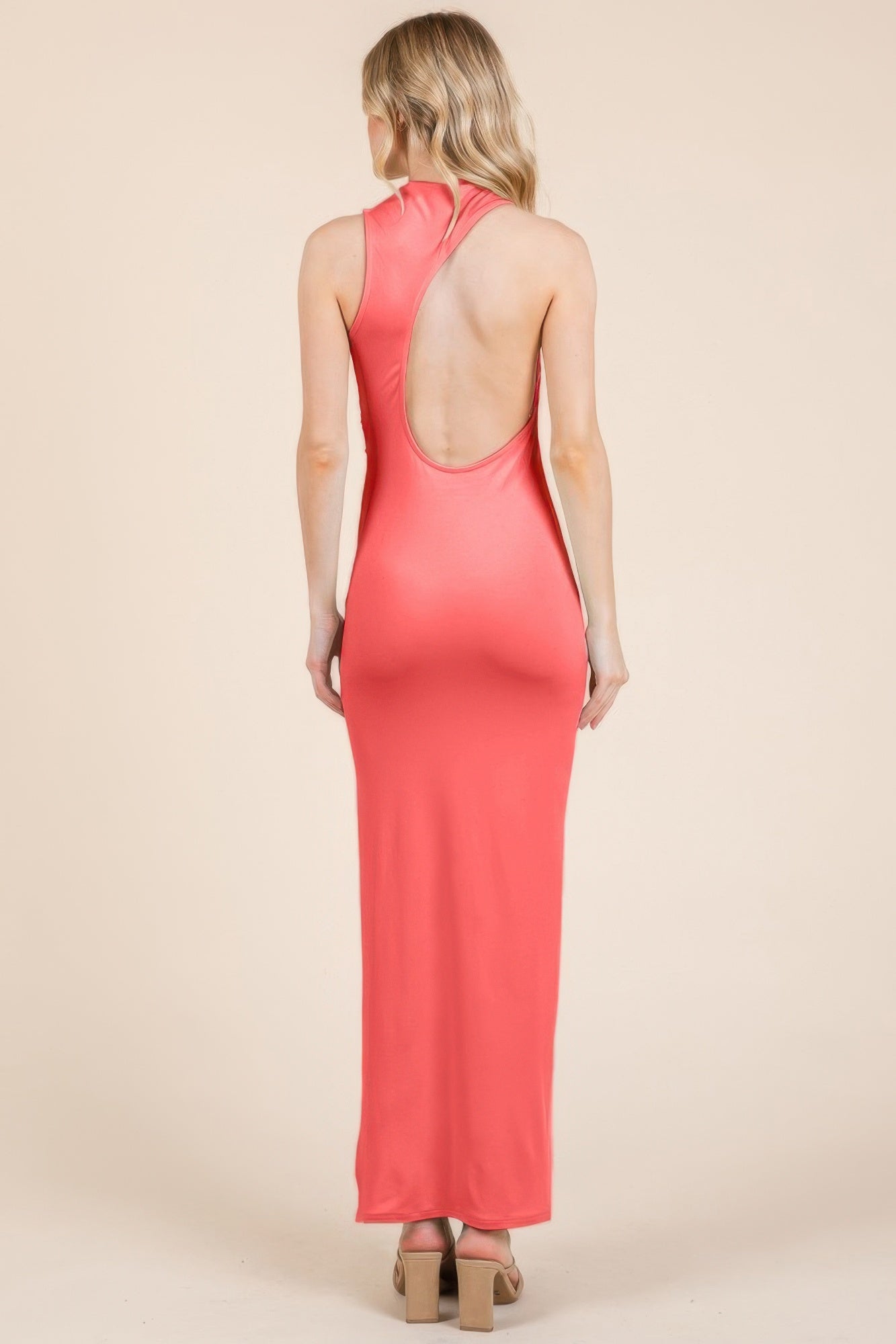 Women Sleeveless Back Cut Out Side Shirring Deep Slit Bodycon Maxi Dress