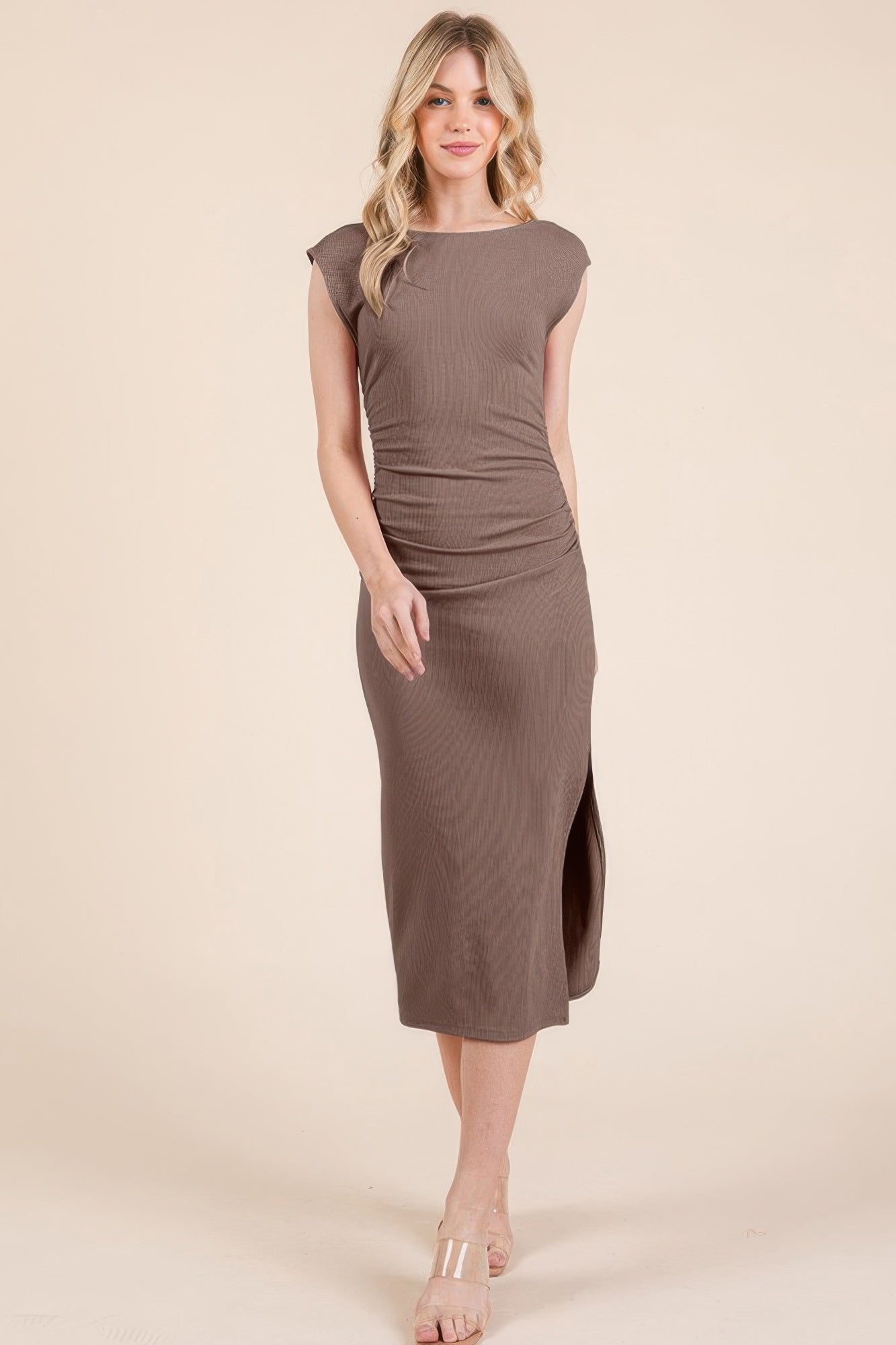 Women Boat Neck Cotton Bodycon Cap Sleeve Open Back Midi Dress