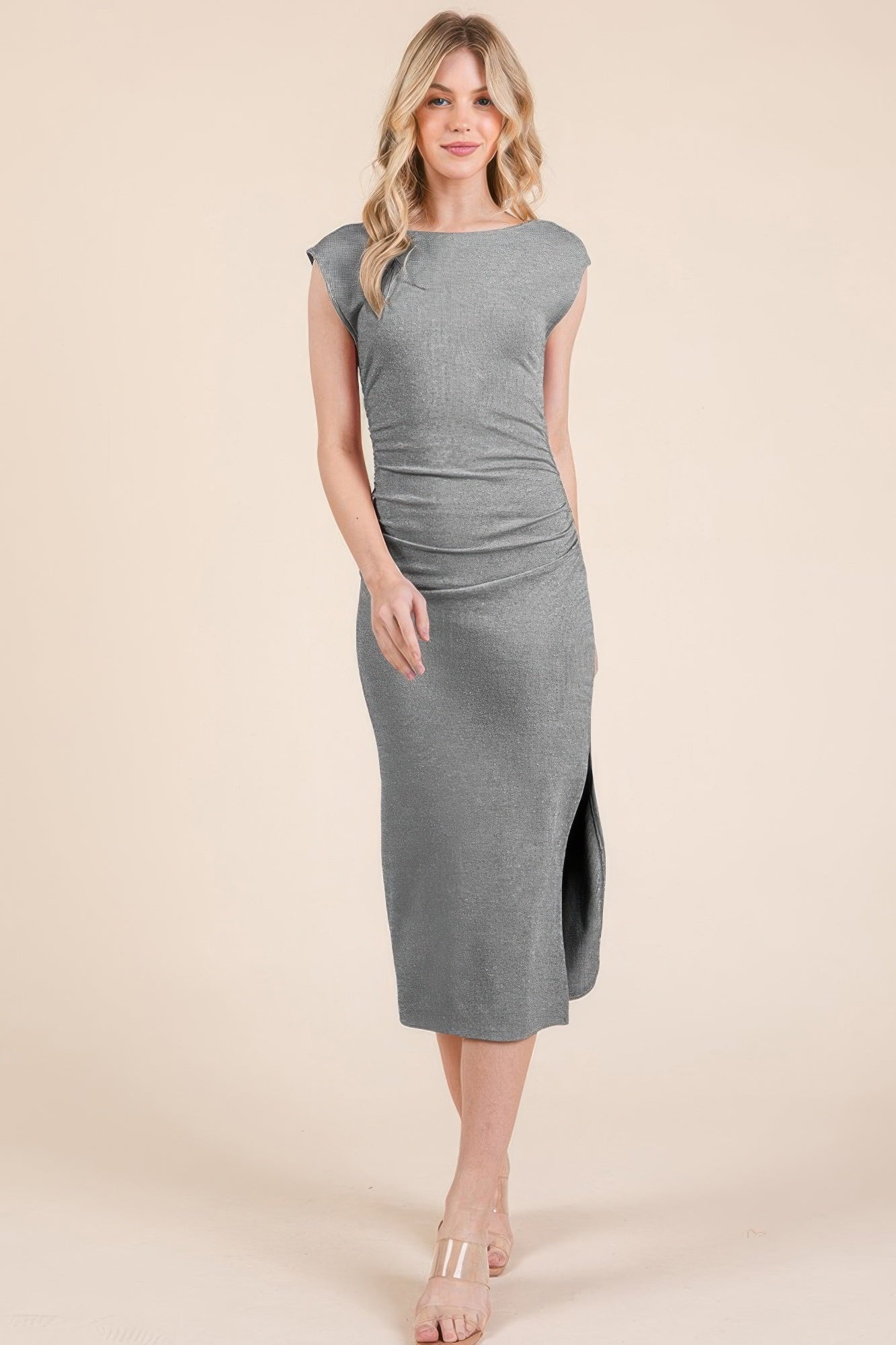 Women Boat Neck Cotton Bodycon Cap Sleeve Open Back Midi Dress