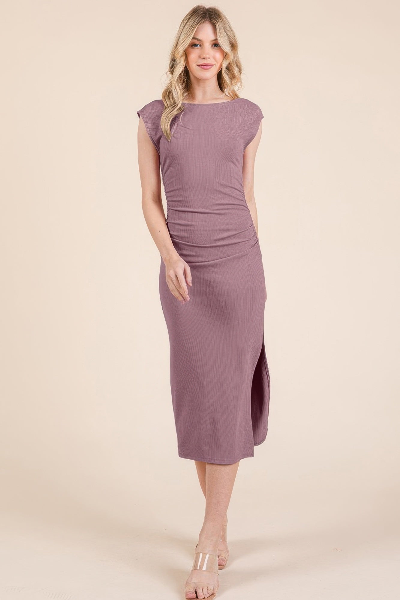 Women Boat Neck Cotton Bodycon Cap Sleeve Open Back Midi Dress