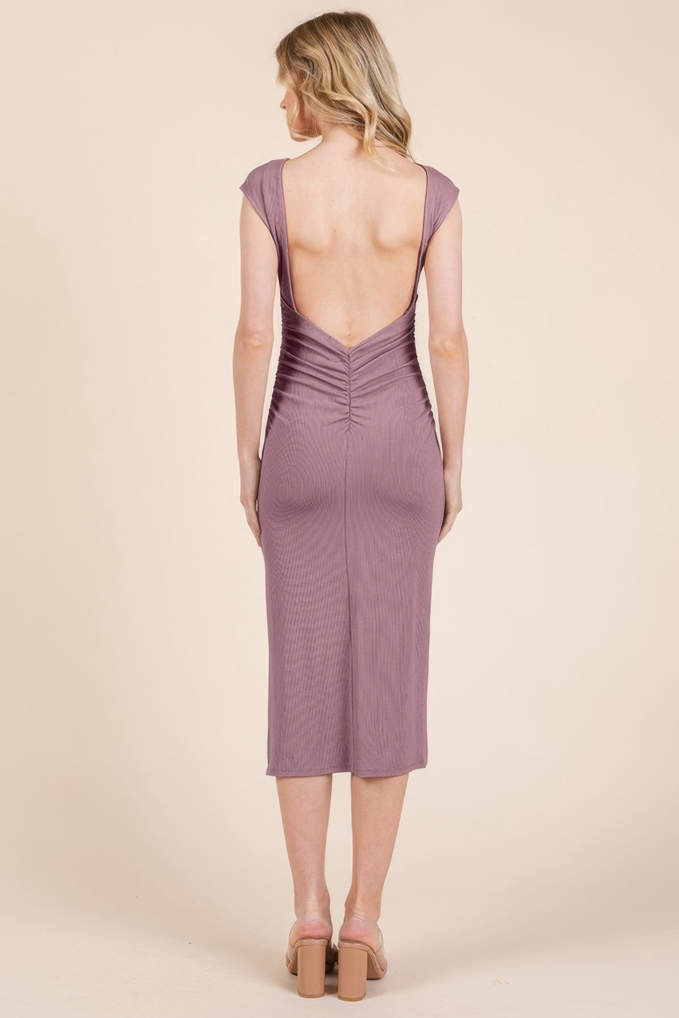 Women Boat Neck Cotton Bodycon Cap Sleeve Open Back Midi Dress