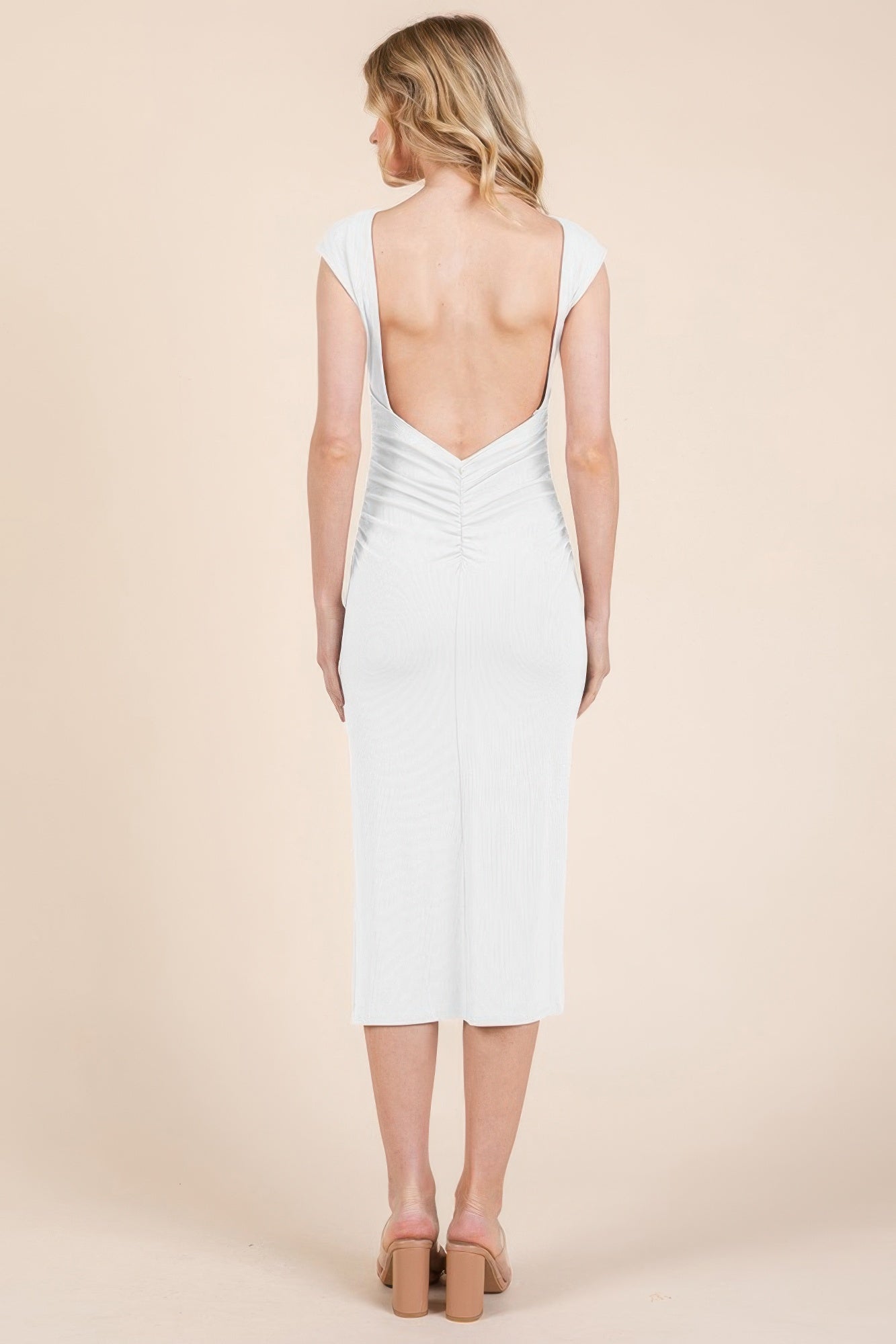 Women Boat Neck Cotton Bodycon Cap Sleeve Open Back Midi Dress