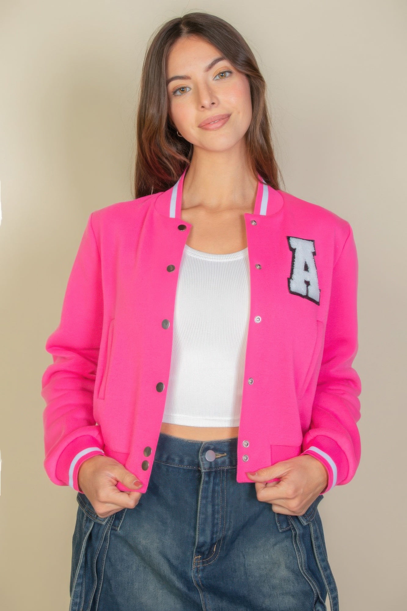 Women's Classic Snap Button Baseball Letterman Patched Crop Varsity Jacket