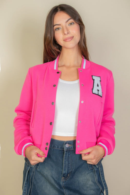 Women's Classic Snap Button Baseball Letterman Patched Crop Varsity Jacket