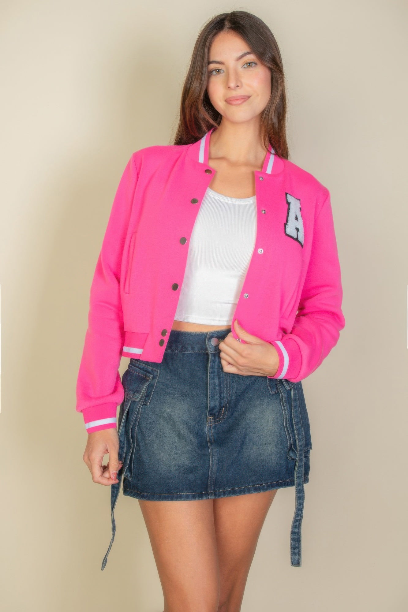 Women's Classic Snap Button Baseball Letterman Patched Crop Varsity Jacket