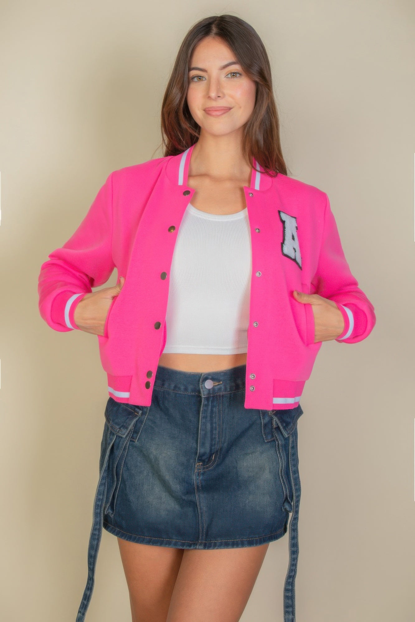 Women's Classic Snap Button Baseball Letterman Patched Crop Varsity Jacket