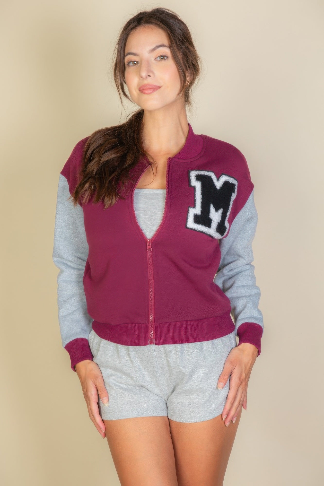 Womens Classic Zipper Baseball Letterman Patched Crop Varsity Jacket