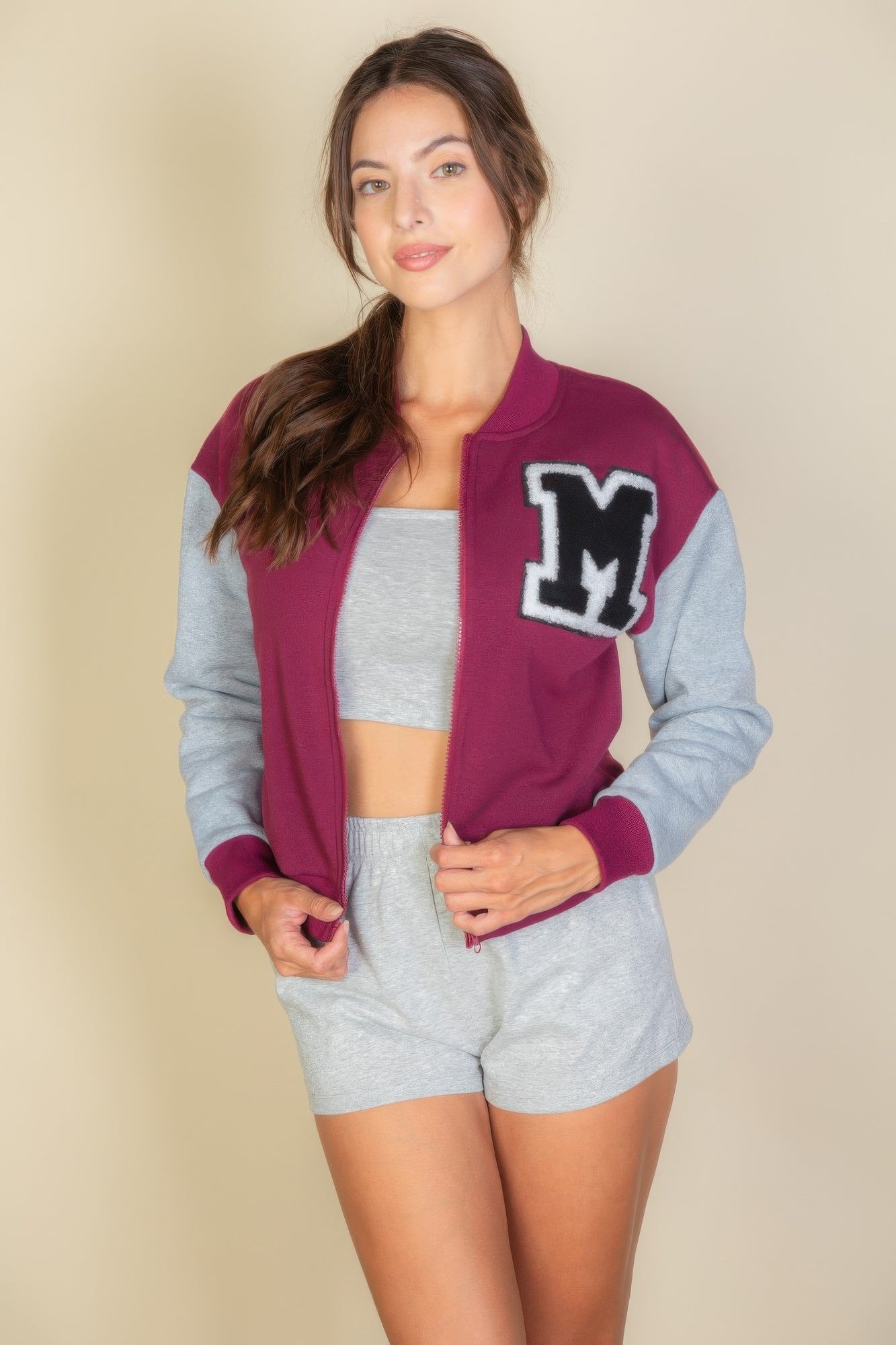 Womens Classic Zipper Baseball Letterman Patched Crop Varsity Jacket