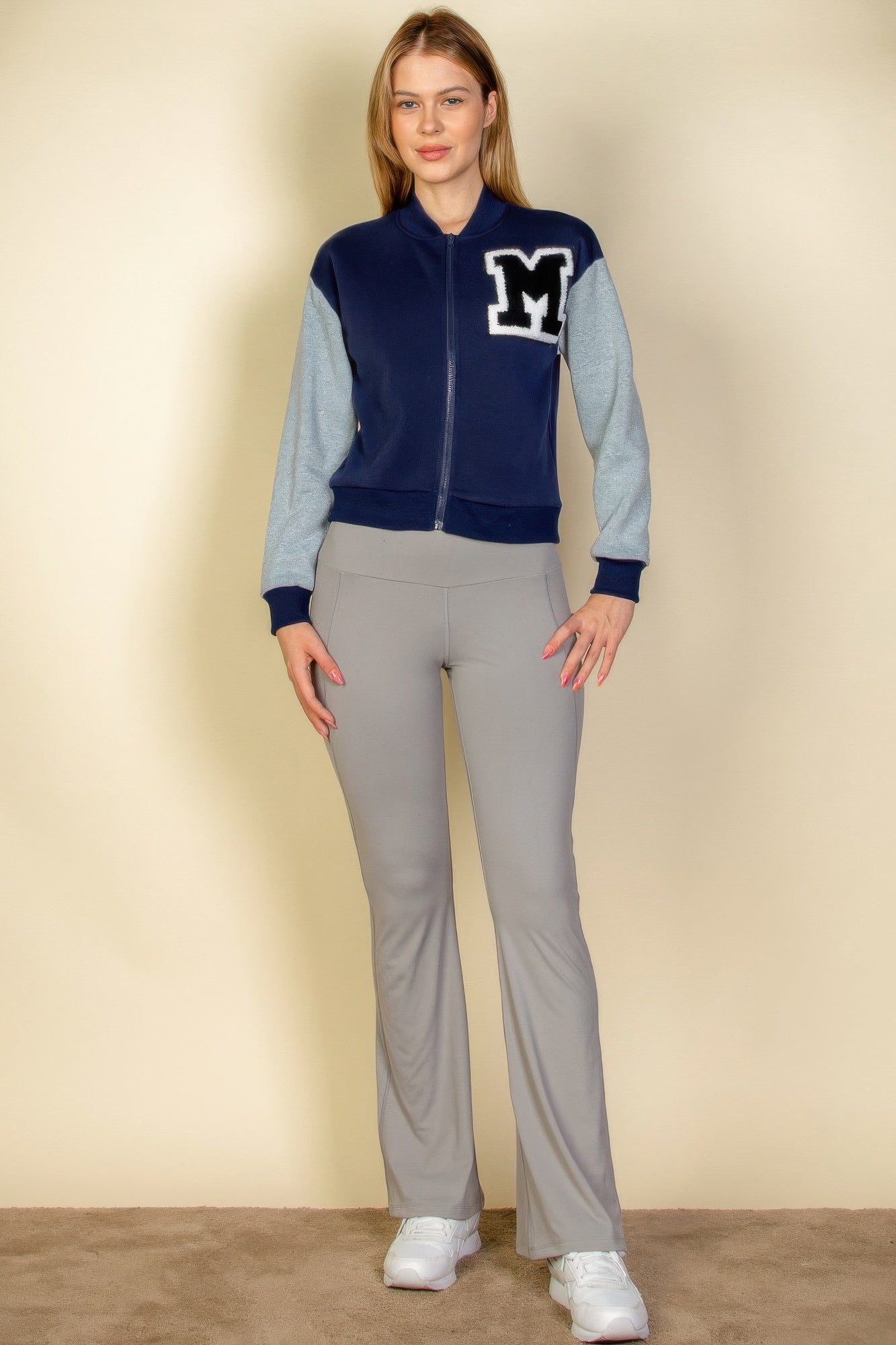 Womens Classic Zipper Baseball Letterman Patched Crop Varsity Jacket