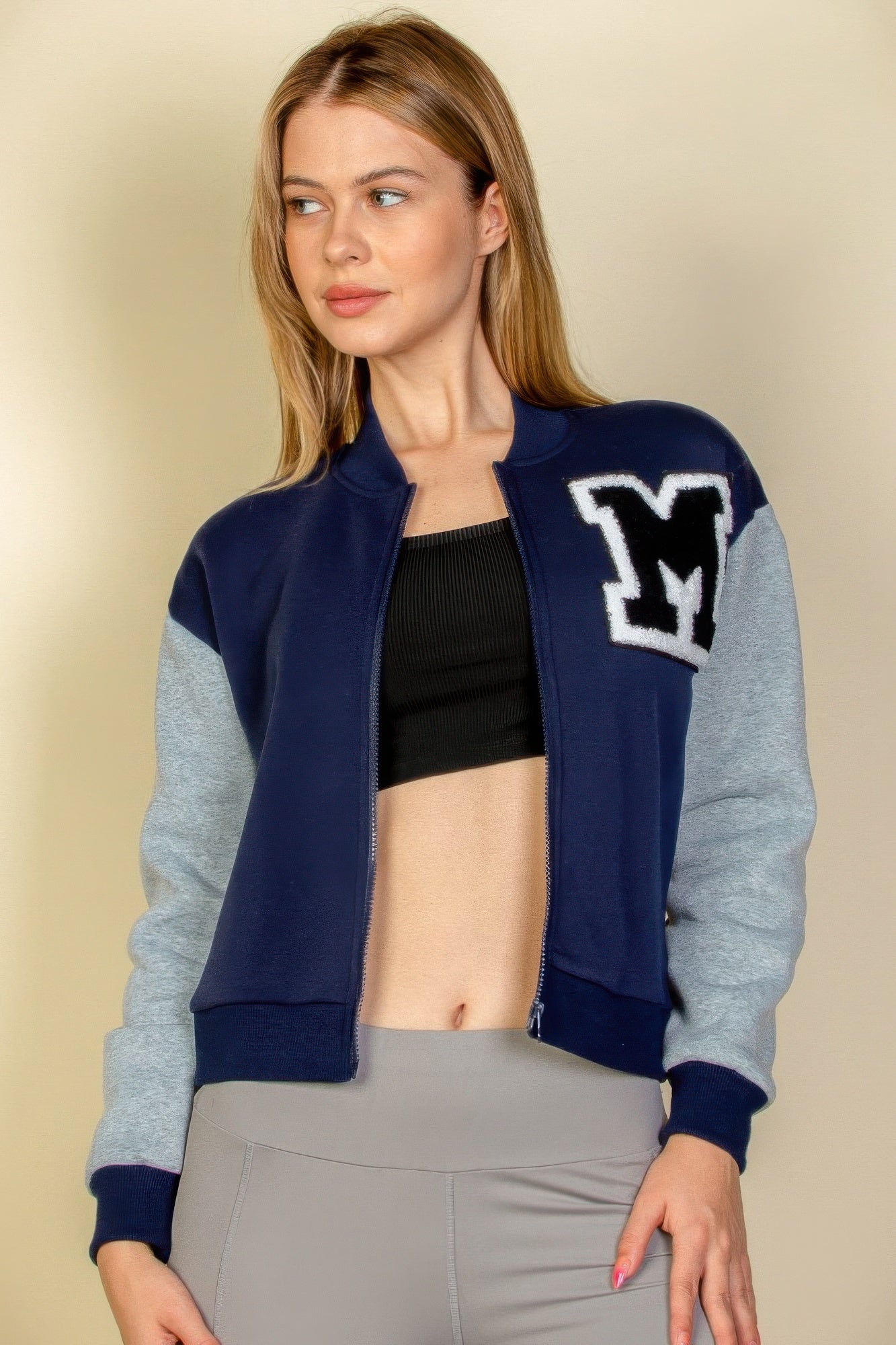 Womens Classic Zipper Baseball Letterman Patched Crop Varsity Jacket