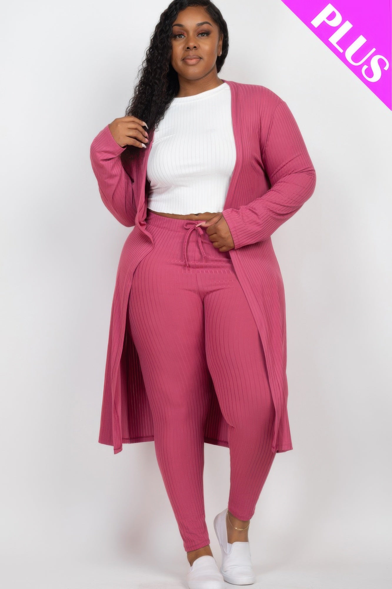 Women Plus Size Ribbed Long Sleeve Open Cardigan & Leggings Set (1X 2X 3X)