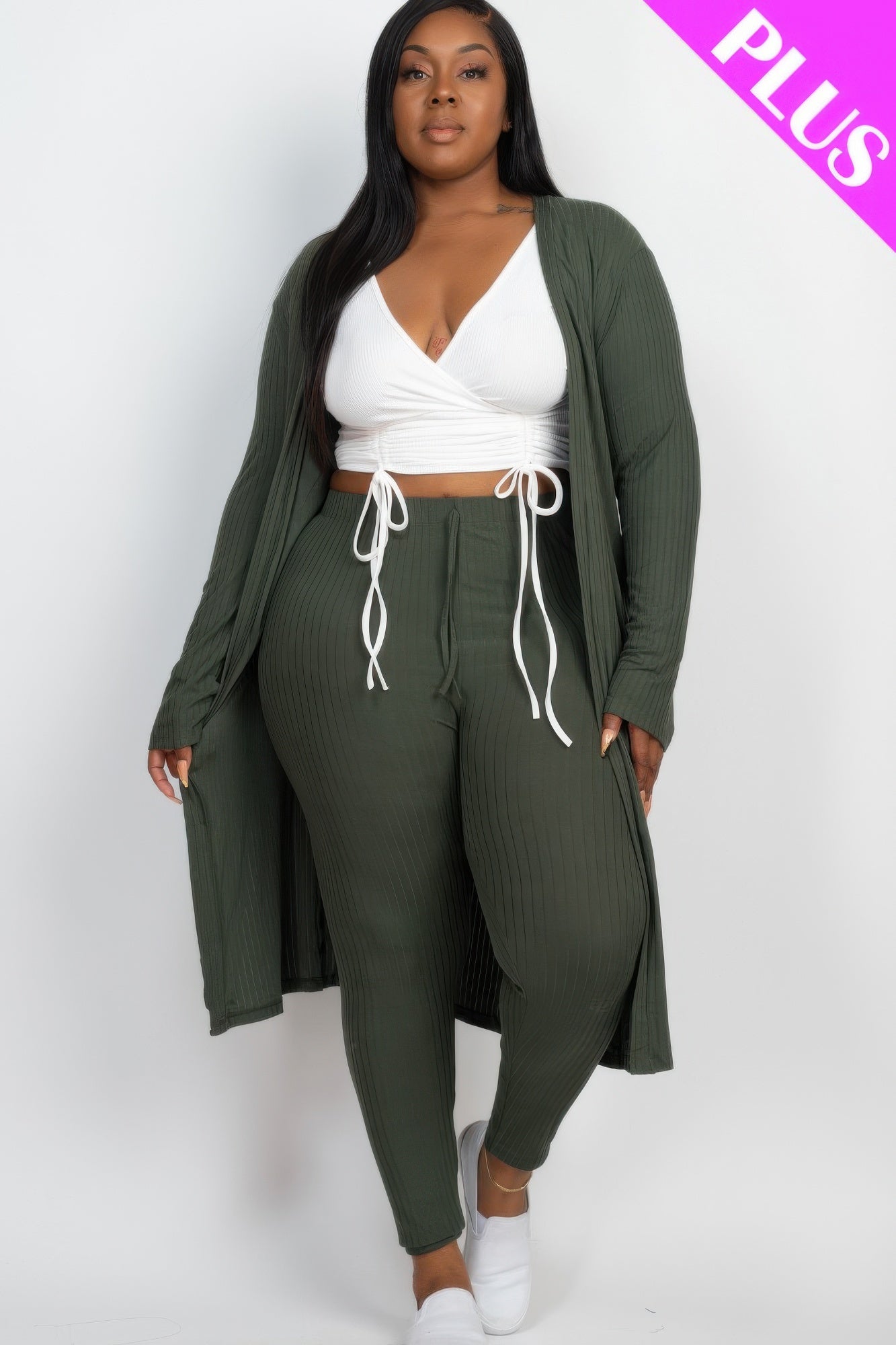 Women Plus Size Ribbed Long Sleeve Open Cardigan & Leggings Set (1X 2X 3X)
