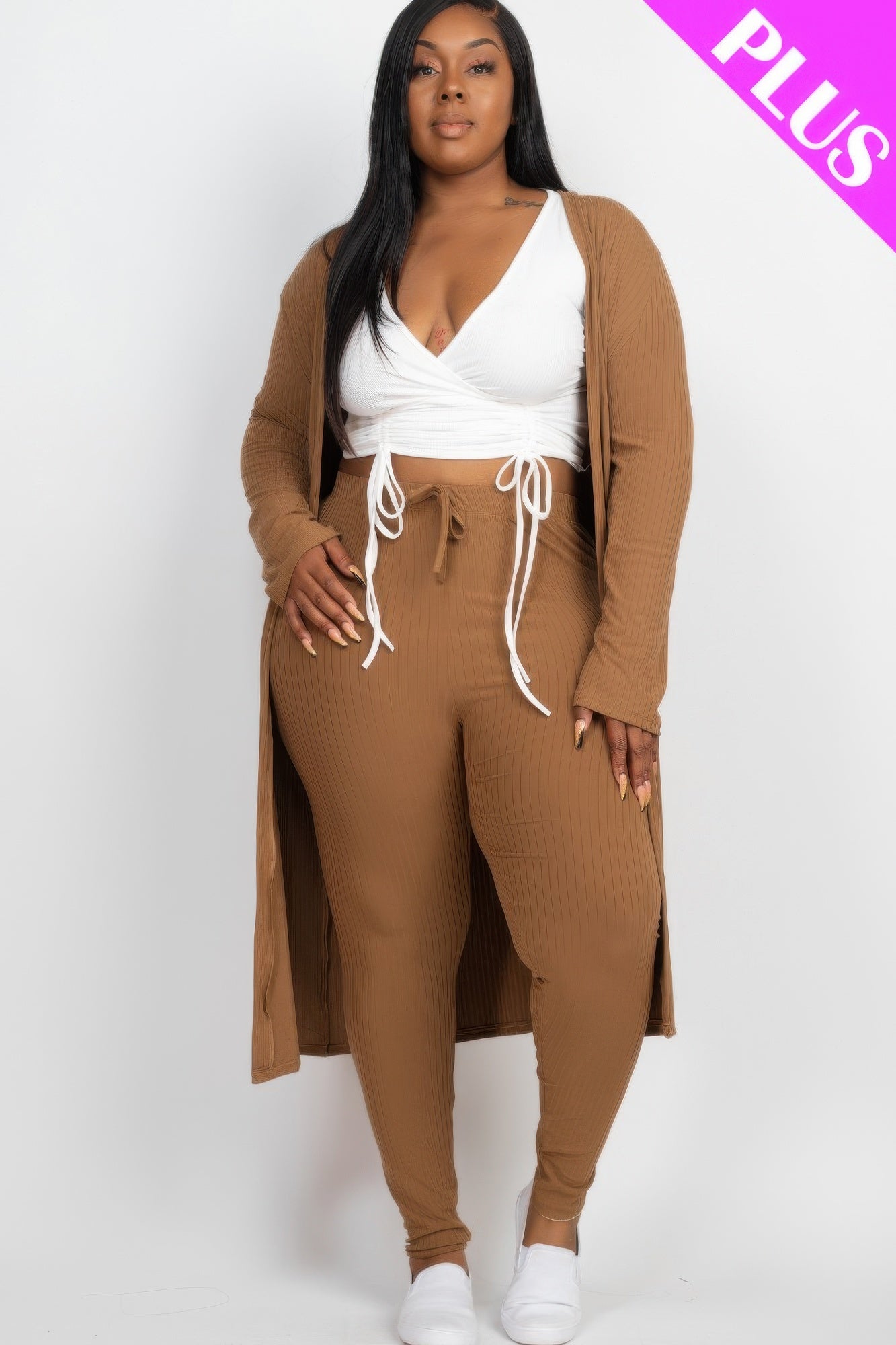 Women Plus Size Ribbed Long Sleeve Open Cardigan & Leggings Set (1X 2X 3X)