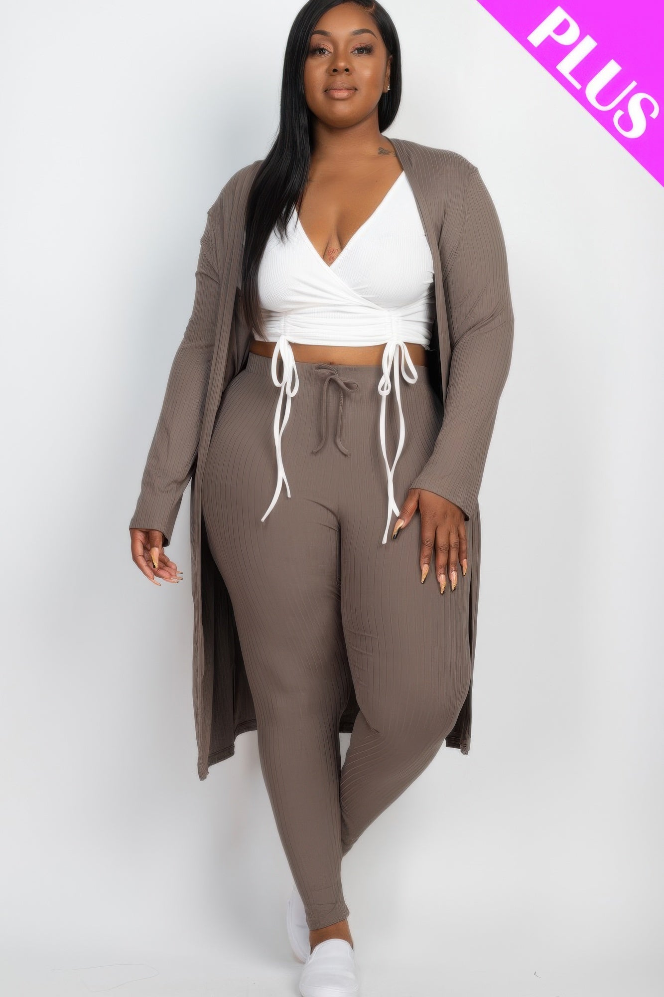 Women Plus Size Ribbed Long Sleeve Open Cardigan & Leggings Set (1X 2X 3X)