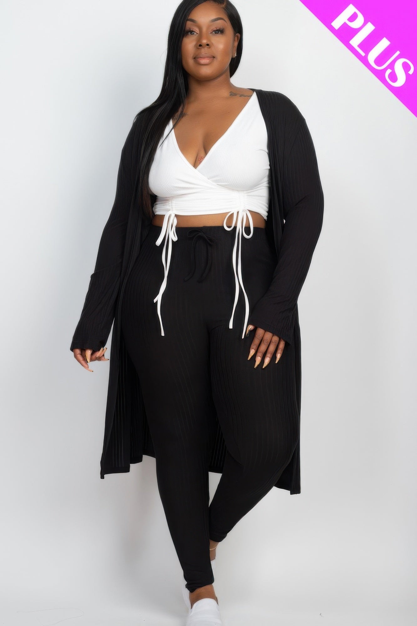 Women Plus Size Ribbed Long Sleeve Open Cardigan & Leggings Set (1X 2X 3X)