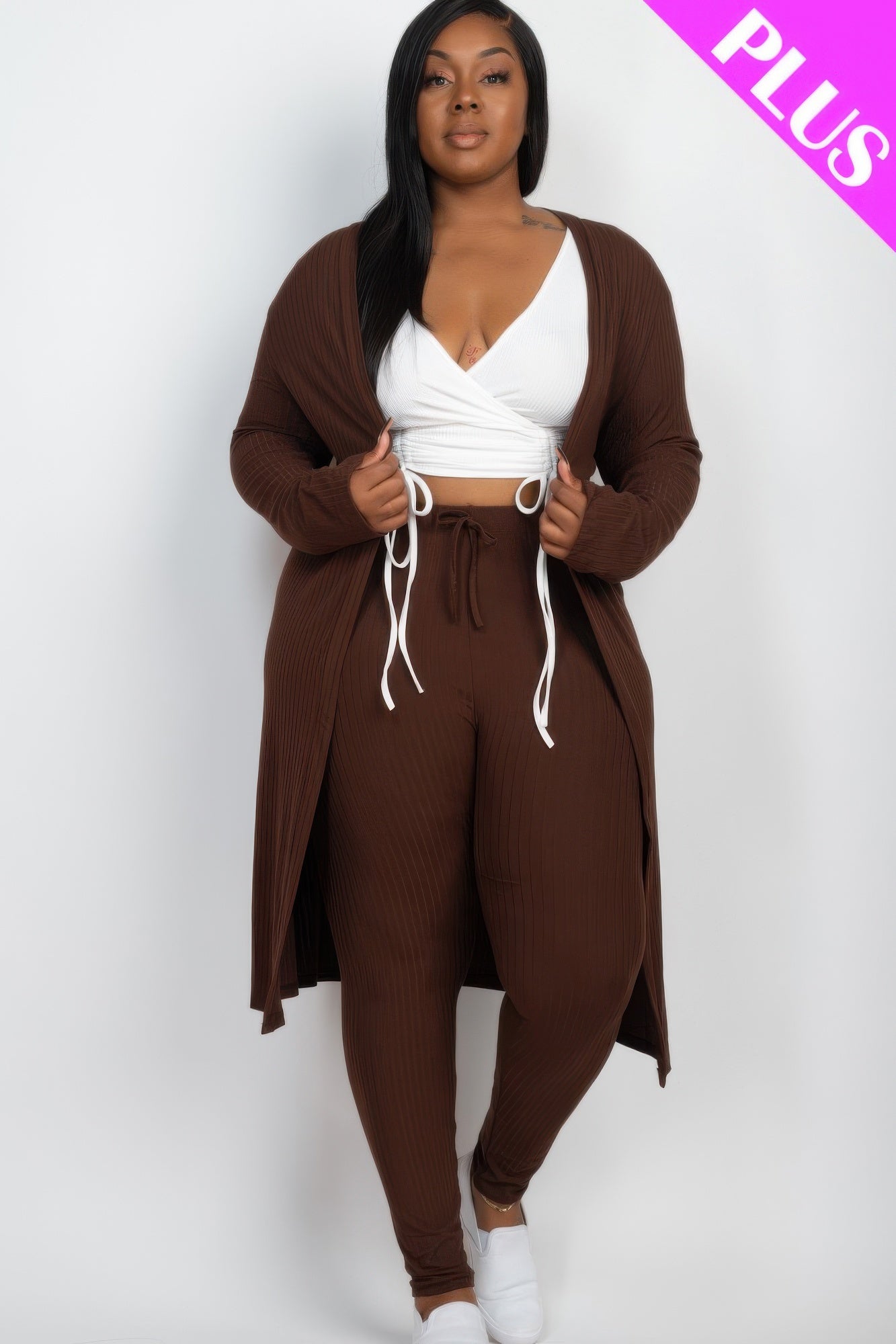 Women Plus Size Ribbed Long Sleeve Open Cardigan & Leggings Set (1X 2X 3X)