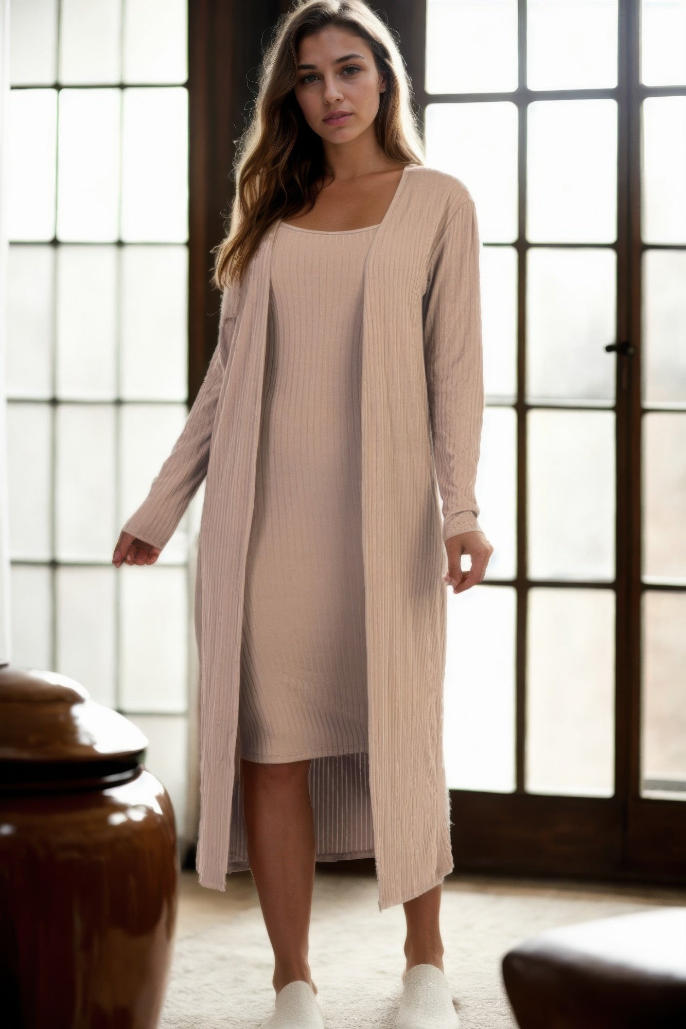 Women Long Sleeve Ribbed Cardigan & Cami Midi Bodycon Stretch Dress