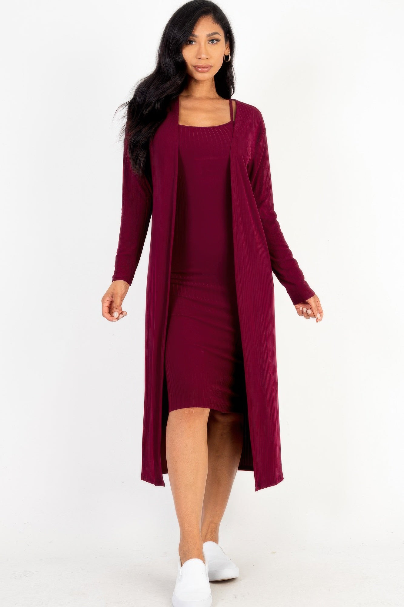 Women Long Sleeve Ribbed Cardigan & Cami Midi Bodycon Stretch Dress