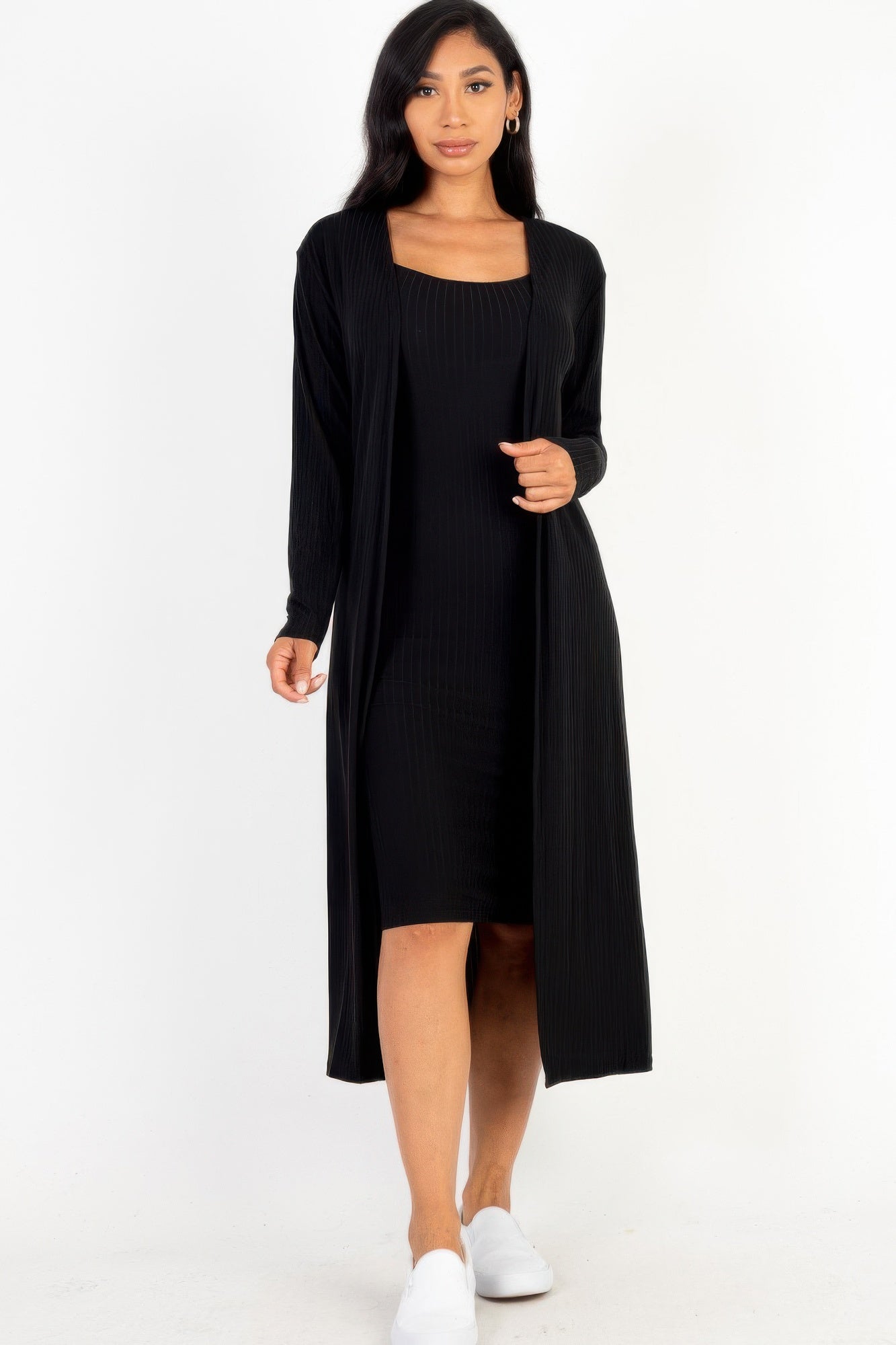 Women Long Sleeve Ribbed Cardigan & Cami Midi Bodycon Stretch Dress