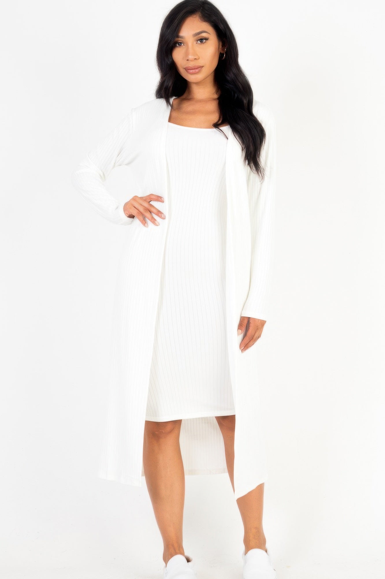 Women Long Sleeve Ribbed Cardigan & Cami Midi Bodycon Stretch Dress