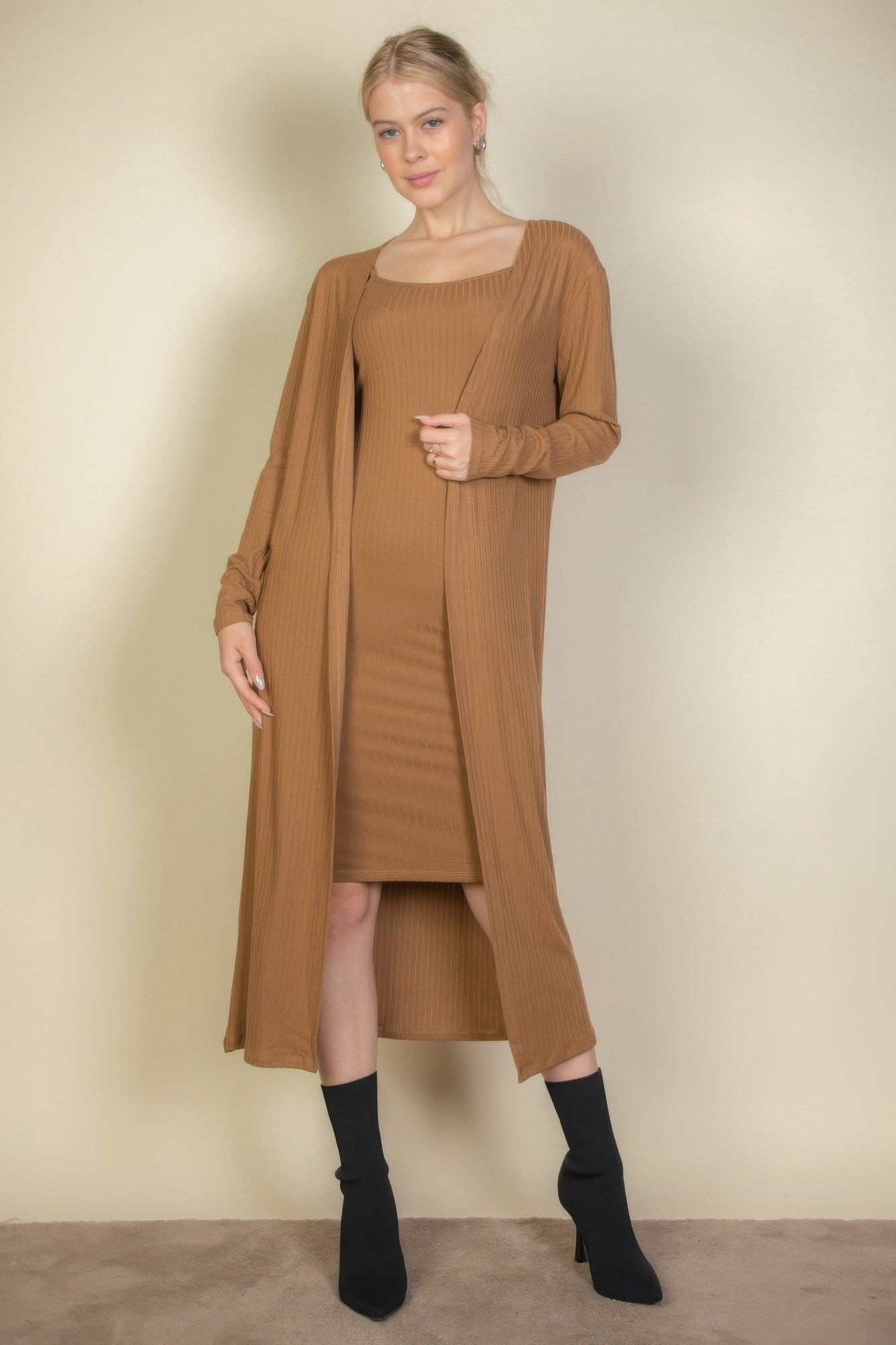 Women Long Sleeve Ribbed Cardigan & Cami Midi Bodycon Stretch Dress