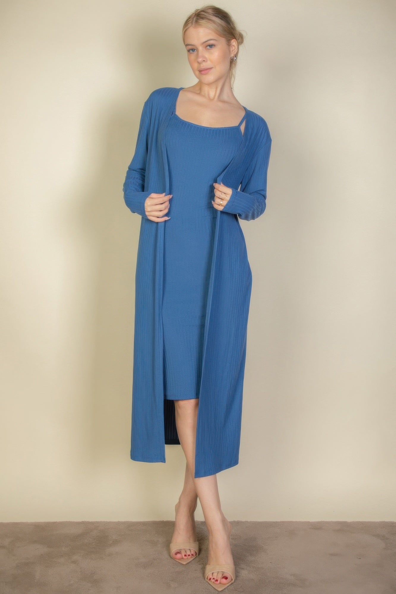 Women Long Sleeve Ribbed Cardigan & Cami Midi Bodycon Stretch Dress