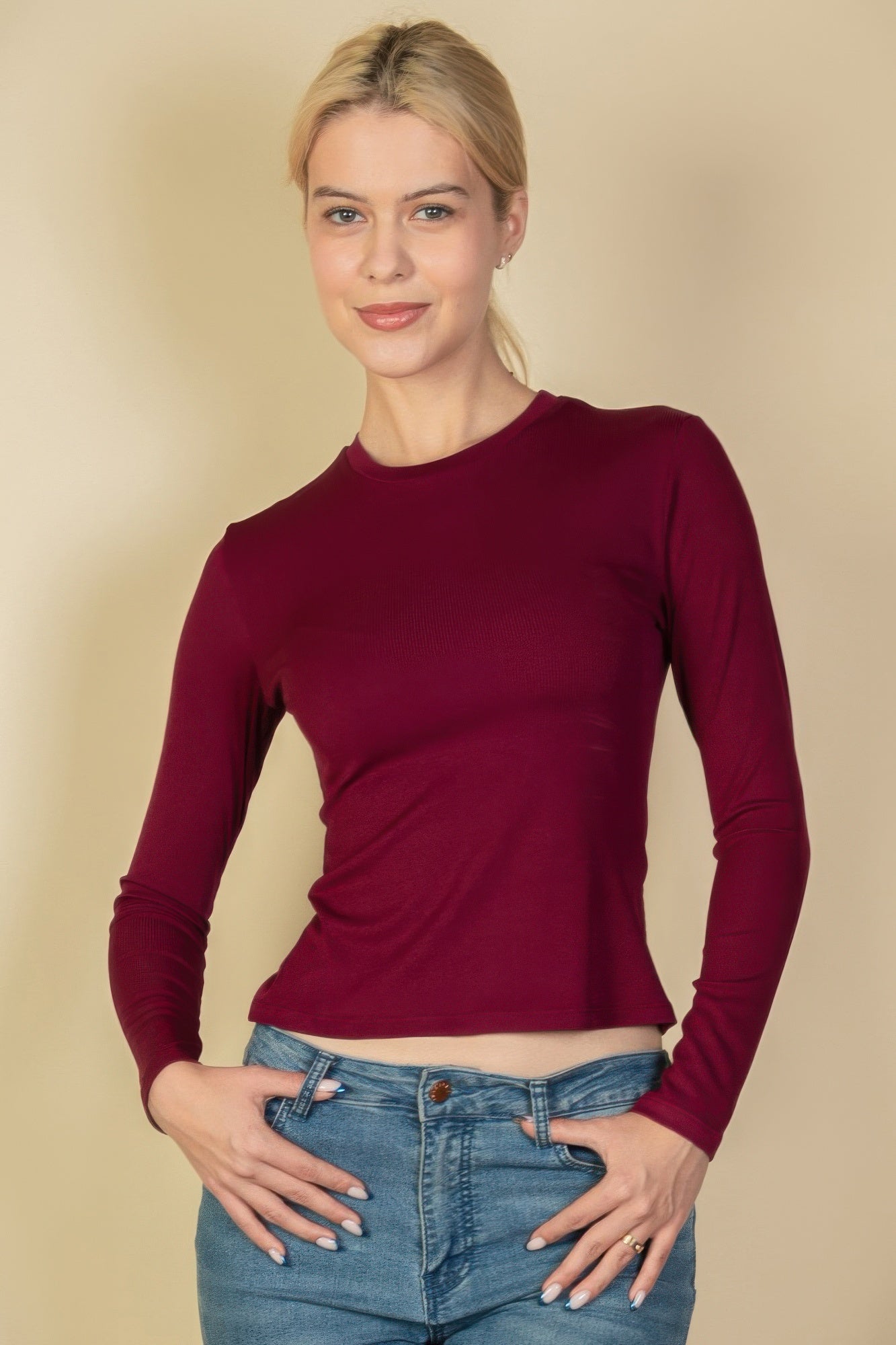 Womens Basic T-Shirt Round Neck Long Sleeve Stretch Rib Knit Solid Top