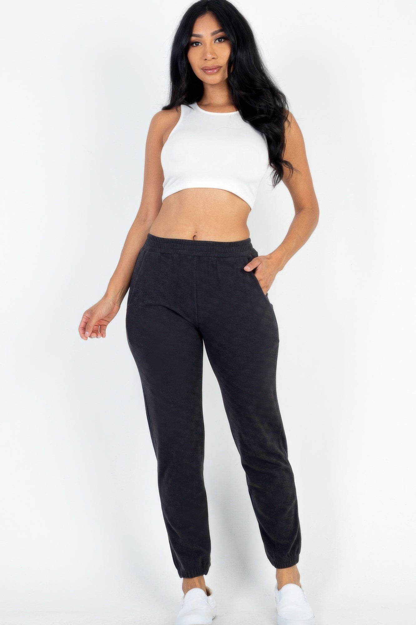 Women Ribbed Elastic Waistband Jogger Long Pants Soft Fabric