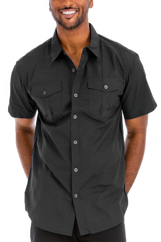 Men's Short Sleeve Solid Shirt Button Up Chest Pockets Casual Dress Shirt