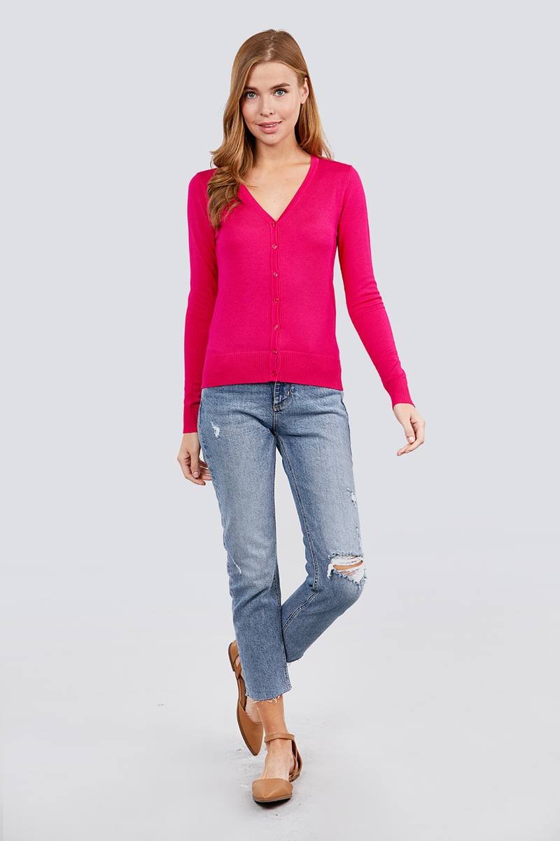 Women's Long Sleeve V-neck Button Down Soft Sweater Cardigan - Hot Pink