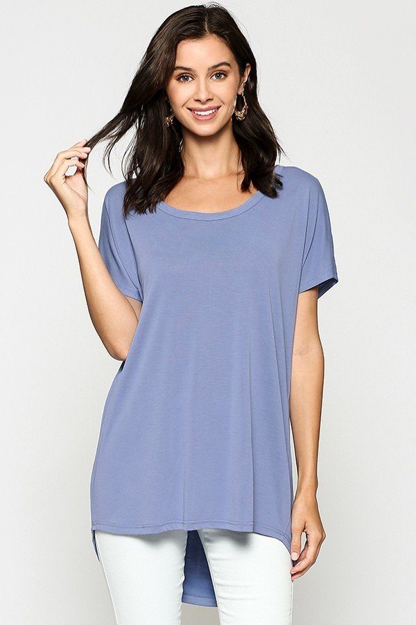 Women Scoop Neck T-Shirt Short Sleeve Cupro Solid Strappy Drape Back Top - Blue