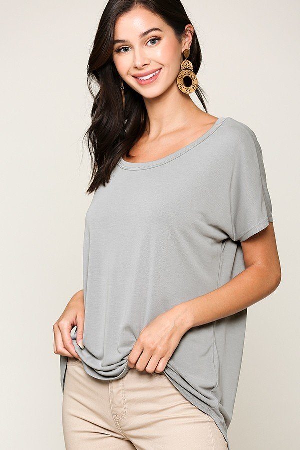 Women Scoop Neck T-Shirt Short Sleeve Cupro Solid Strappy Drape Back Top -Silver