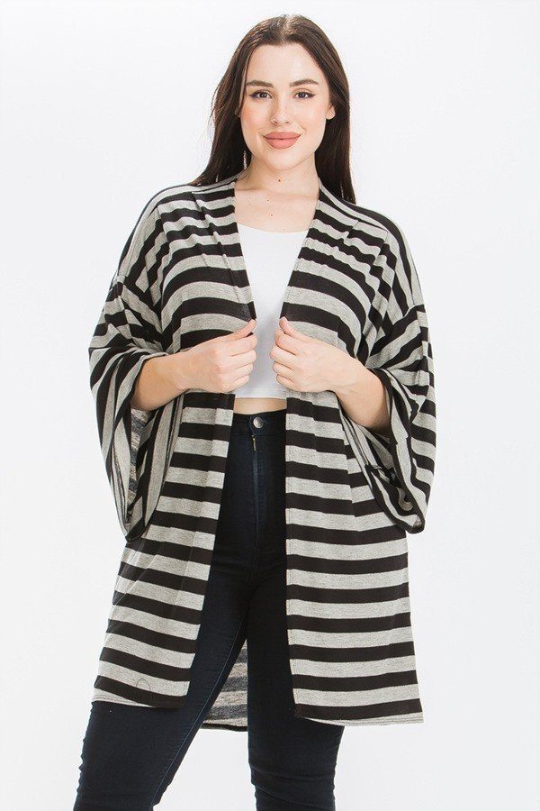 Women's Plus Size Striped Cardigan Kimono Style Sleeves Open Front - Black/Grey