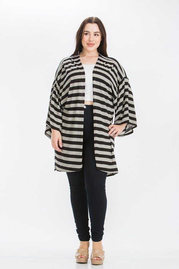 Women's Plus Size Striped Cardigan Kimono Style Sleeves Open Front - Black/Grey
