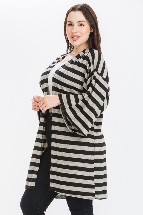 Women's Plus Size Striped Cardigan Kimono Style Sleeves Open Front - Black/Grey