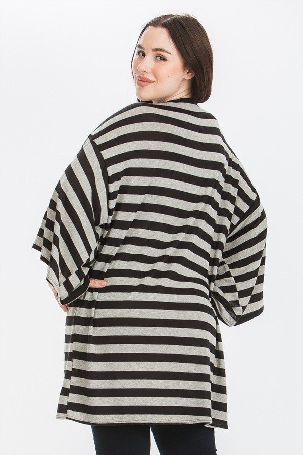 Women's Plus Size Striped Cardigan Kimono Style Sleeves Open Front - Black/Grey