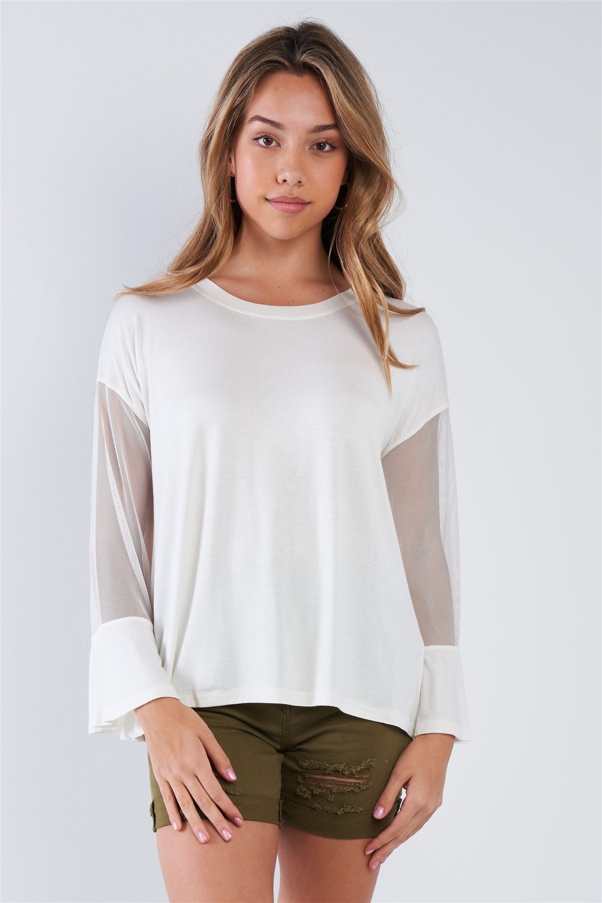 Women's Long Mesh Sleeve Top Soft Stretchy (Off White)