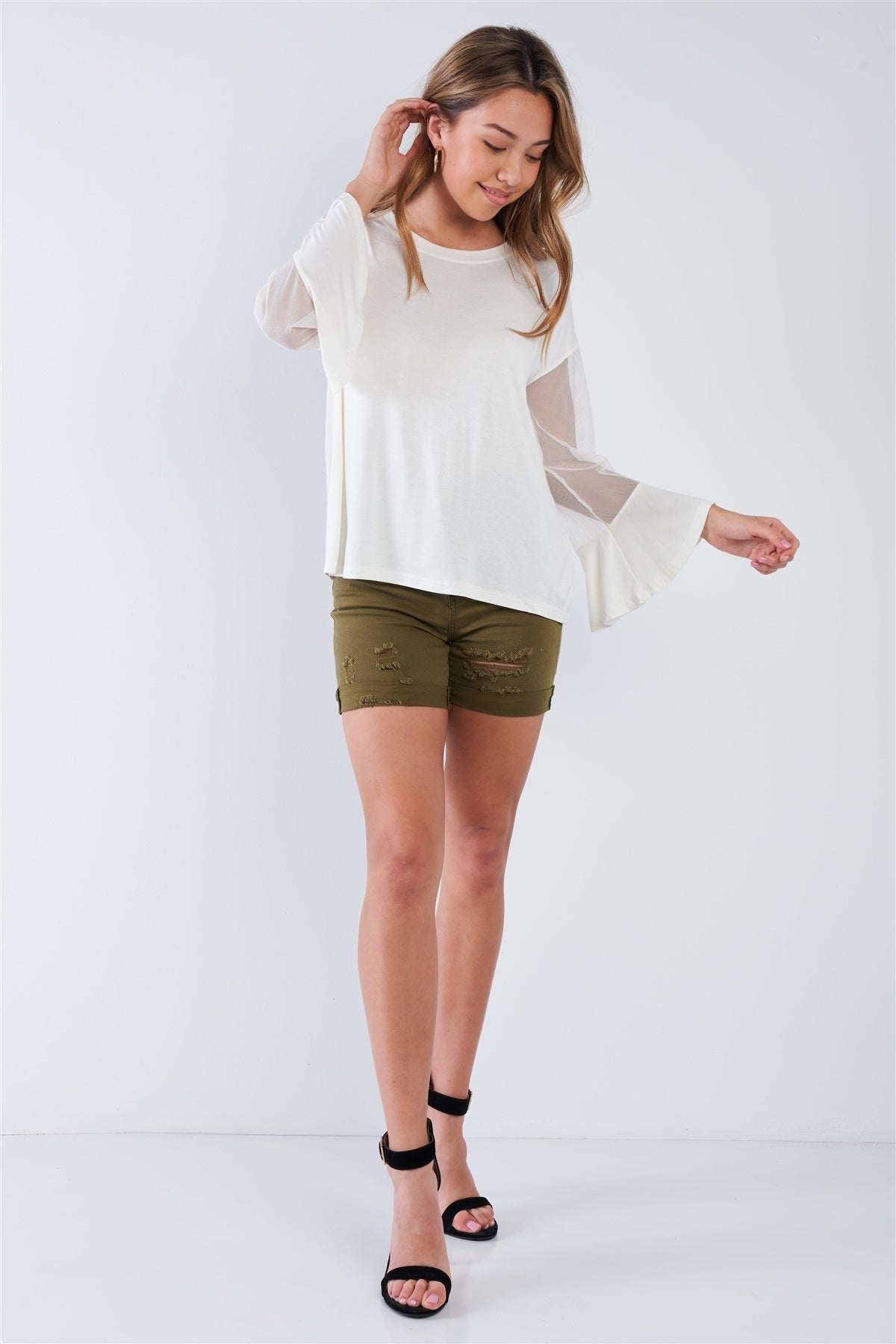 Women's Long Mesh Sleeve Top Soft Stretchy (Off White)