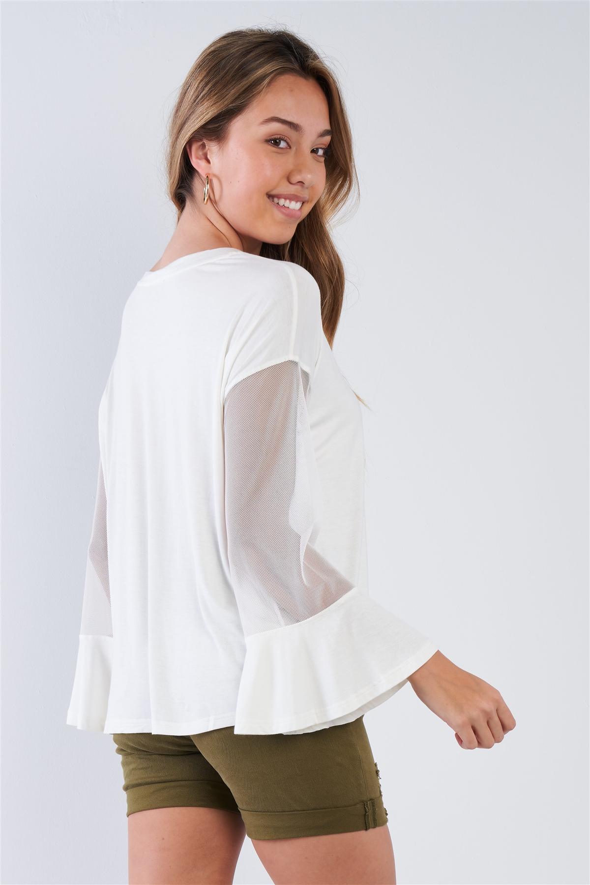 Women's Long Mesh Sleeve Top Soft Stretchy (Off White)