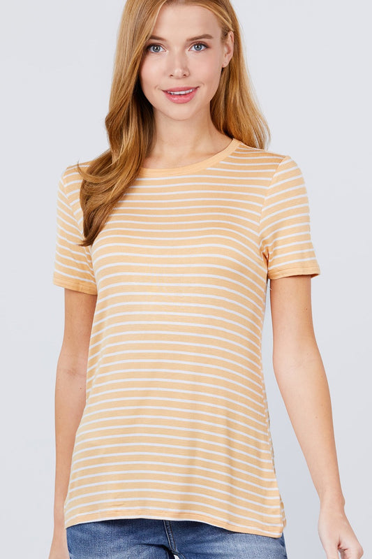 Women's Short Sleeve Crew Neck T-shirt Stripe Rayon Ringer Knit Top Pearl Yellow