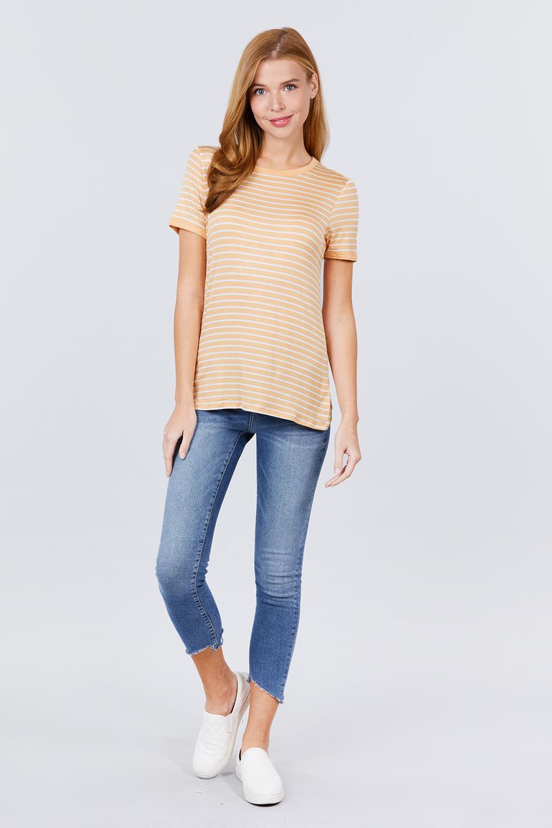 Women's Short Sleeve Crew Neck T-shirt Stripe Rayon Ringer Knit Top Pearl Yellow