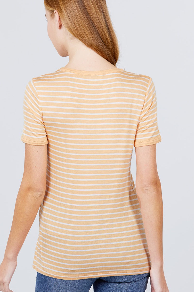 Women's Short Sleeve Crew Neck T-shirt Stripe Rayon Ringer Knit Top Pearl Yellow