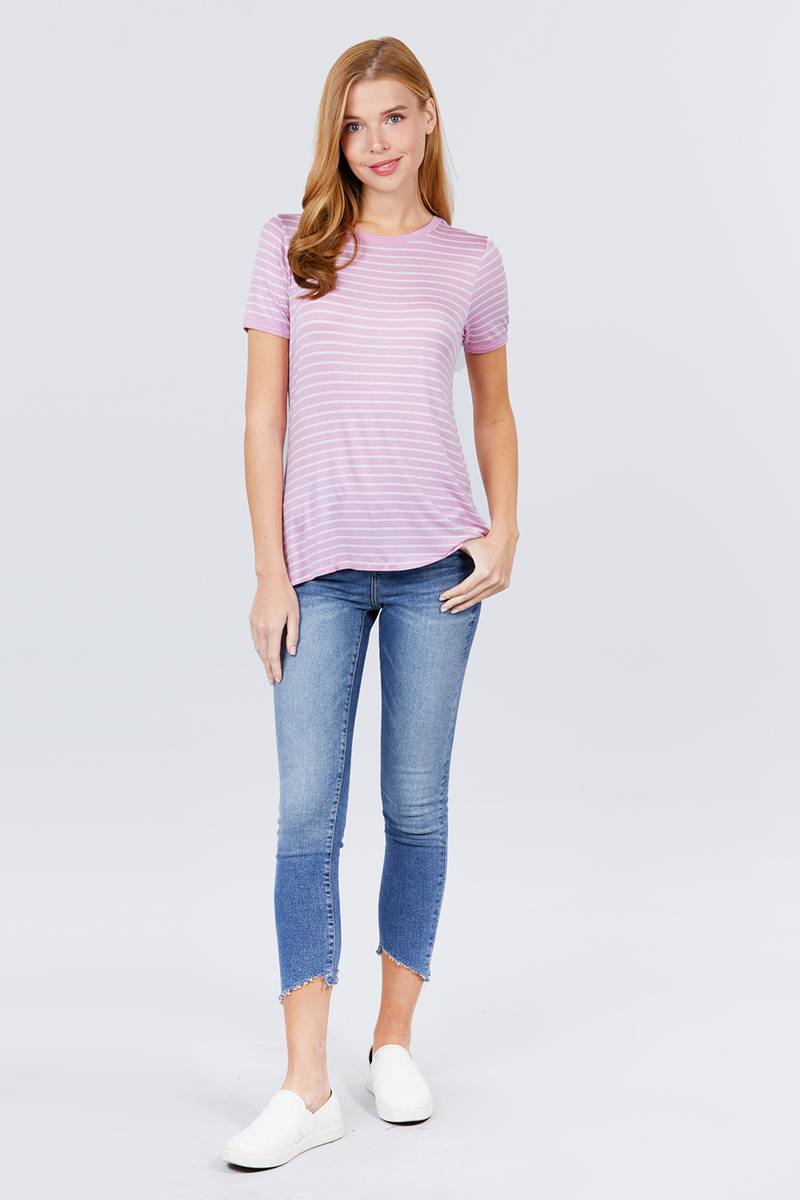 Women Short Sleeve Crew Neck T-shirt Stripe Rayon Ringer Knit Top Pink Lavender