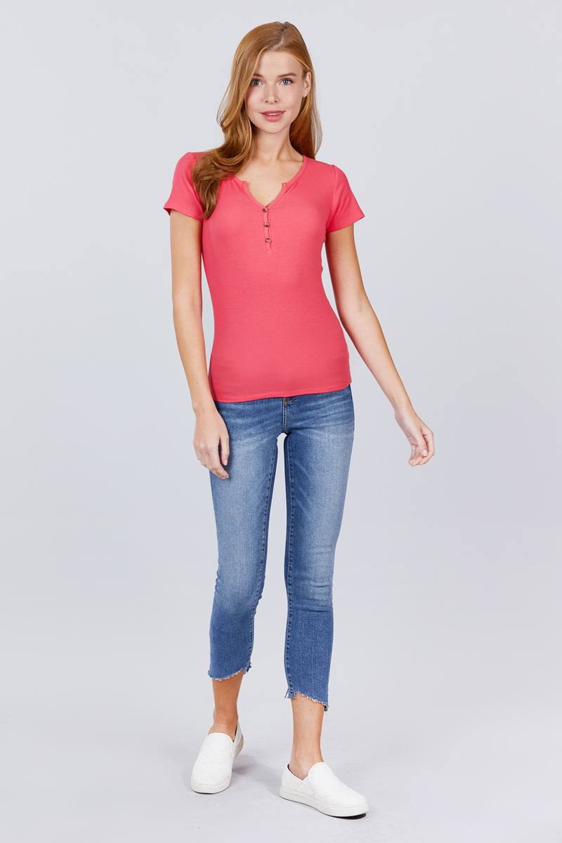 Women's Short Sleeve Button Henley Neck T-Shirt Soft Rib Knit Top - Coral Pink