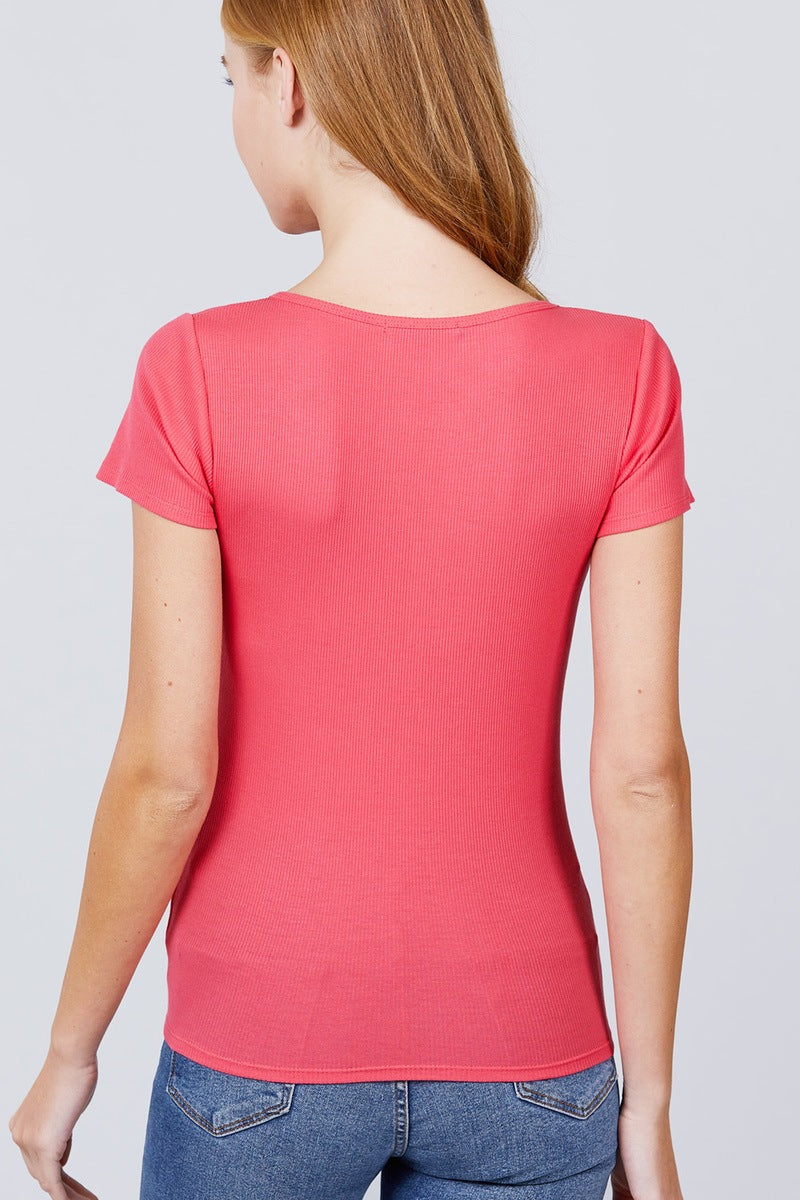 Women's Short Sleeve Button Henley Neck T-Shirt Soft Rib Knit Top - Coral Pink
