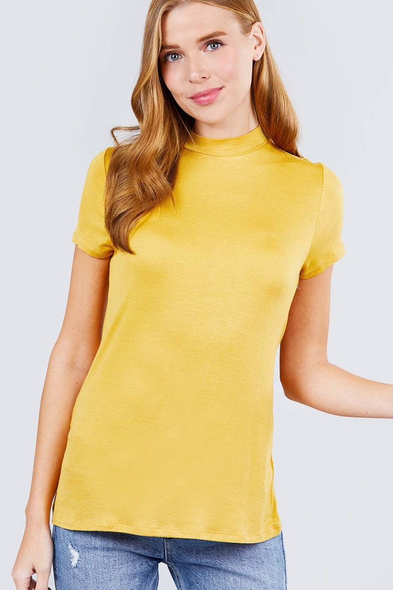 Women's Short Sleeve Mock Neck T-Shirt Rayon Soft Rib Top Tee - Cream Yellow