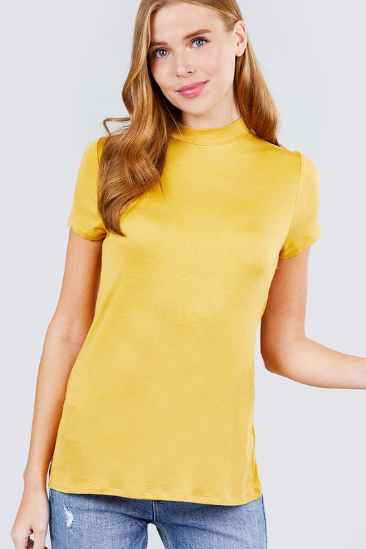 Women's Short Sleeve Mock Neck T-Shirt Rayon Soft Rib Top Tee - Cream Yellow